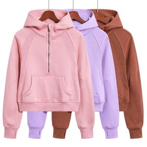 LLU Herbst/Winter Neu SCA Damen-Plüsch-Kapuzenpullover mit halbem Reißverschluss, Yoga-Fitnessjacke, verdickter Wärmemantel, winddicht, Laufen, Sport, Freizeit-Top mit gesticktem Logo