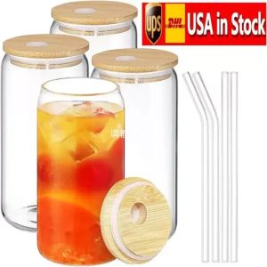 US CA STOCK 16Oz Sublimation Can Glasses Beer Glass Tumbler Frosted Drinking With Bamboo Lid And Reusable Straw Canada Stock 5118 0528