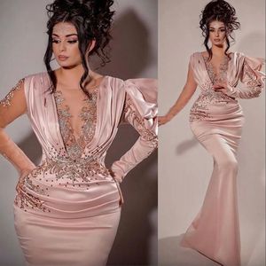 Sexy Mermaid Pink Evening Dresses Arabic Long Sleeves Illusion Crystal Beads Floor Length Party Prom Gowns Special Occasion Wears