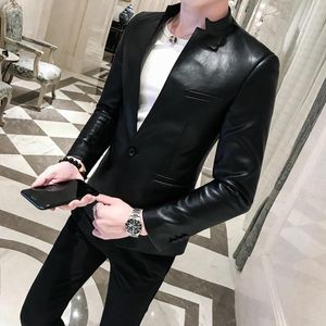 メンズファー2023メンズソリッドブラックスリムスーツジャケット高品質PUレザービジネスカジュアルプロムブレザー韓国