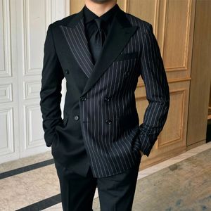 Podwójnie piersi Splic Wedding Tuxedos czarny garnitur męski w paski do okazji na bal maturalny Homme Blazer