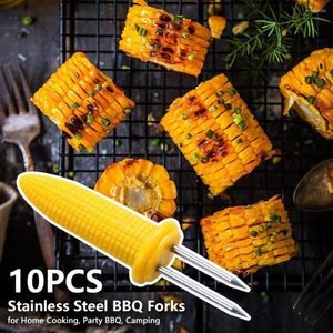 Tools 10Pcs Stainless Steel Fork Corn Skewer Outdoor Barbecue Fruit Forks Double Sweet Kitchen Holder On The Grill