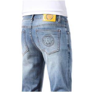 Jeans masculinos primavera verão fino ajuste europeu americano high-end marca pequena reta dupla f calças Q9550-3