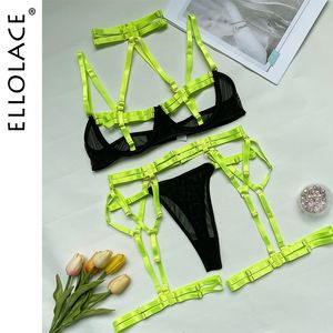 Sexig uppsättning ellolace kvinnlig underkläder porrdräkt ihålig bandage halter bh thongs med bälte strump neon du kan se underkläder 230419