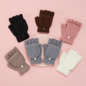 Five Fingers Gloves 1Pair Plush Thick Warm Boys Girls Half Finger Knitting Mittens Coral Velvet Dual-use Clamshell Foldable Children