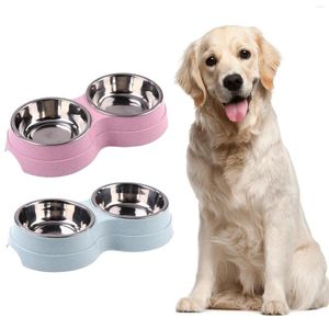 Flatvaruuppsättningar Dog Double Bowl Puppy Feeder Rostfritt stål Drickskålmatning levererar små tillbehör