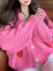 Damskie dzianiny truskawki kintted sweter sweter kobiety wiosna jesień moda preppy w stylu słodkie płaszcze pojedyncze piersi luźne kurtki
