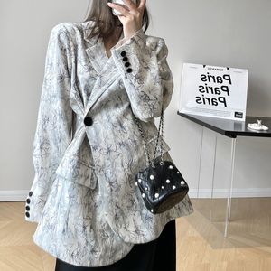 Women's Suits Blazers Blue White Floral Print Oversized Blazer For Women 2023 Spring Korean Loose Fashion Coat 230418