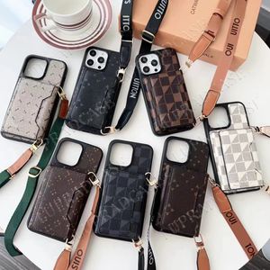 Lindas capas de telefone para iPhone 15 14 Pro Max Luxo Couro LU Slot para cartão Crossbody Bolsa de alta qualidade Alta qualidade 18 17 16 15Pro 14pro 13pro 12pro 13 12 11 Capa com caixa de logotipo