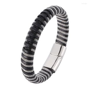 Charm Bracelets Fashion Steel Chain Braided Leather Bracelet Male Jewelry Punk Magnetic Clasp Wristband Men Birthday Gift PD0400