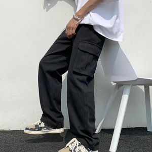 Men's Pants Multi Pockets Men Cargo Solid Color Hip-hop Style Loose Pattern Elastic Waist Trousers Summer Sweatpants