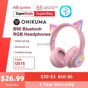 携帯電話イヤホンOnikuma B90 Bluetoothヘッドフォンwith RGBかわいい猫耳折りたたみ折りたたみ式ワイヤレスBluetoothイヤホンヘッドセット用PCゲーマーYQ231120