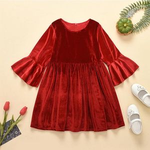 Abiti da ragazza per bambini Ragazze Autunno e inverno Cuciture Velluto rosso Tinta unita Maniche a tromba Cerniera Abito da principessa alla moda