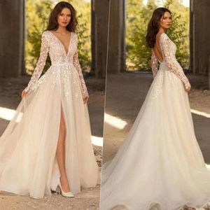 Brautkleid Andere Kleider Sexy A-Linie Tiefer V-Ausschnitt Elegant Langarm Spitzenapplikationen Seitenschlitz Brautkleid Rückenfreie Schleppe Vestido De Novi