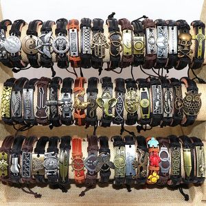 Bangle Wholesale 50pcs/Lot Leather Metal Charm Bracelets for Men Vintage Wrist Cuff Bracelets for Women Gifts Jewelry Mix Style 231118