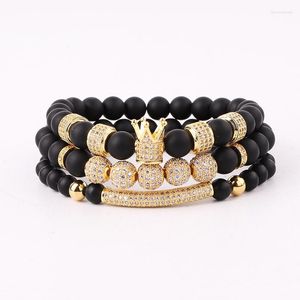 Strand JARAVVI Luxury Design CZ Pave Crown Charm Natural Stone Matte Onyx Elastic Bracelet Set Men Jewelry Gift