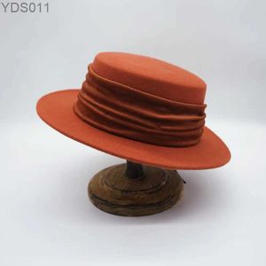 Wide Brim Hats Bucket Hats French vintage brick red pumpkin color small wide brim flat top hat women autumn and winter wool felt velvet gorras para YQ231120