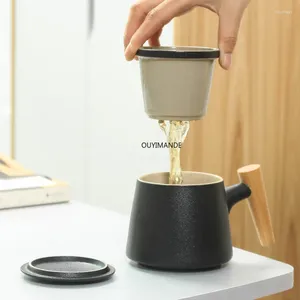 Cups Saucers Creative Ceramic Simple Tea Maker Cup With Lid Filter Wooden Handle Milk Coffee Juice Tumbler Set