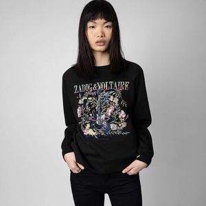 23 Tidig höst Zadig Voltaire Women's Hoodies Sweatshirts Gold and Silver Line Letter Guitar Flower Brodery Round Neck Fleece Women's tröja