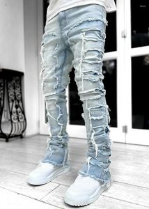 Мужские джинсы, модные осенние Y2K для мужчин, однотонные эластичные джинсовые брюки с нашивкой, уличная одежда, прямые брюки прямого кроя