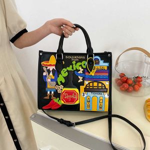 Umhängetaschen Große Kapazitätstasche Damen Neue Handheld Messenger Tote Bag Kleine Stickerei Graffiti mexikanischer Stil Schulter 230420