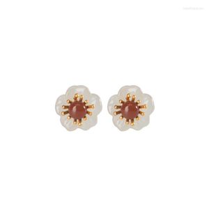 Stud Earrings S925 Sterling Silver Gold Plated Southern Red Agate Hetian Jade Ear Studs Retro All-matching Plum Blossom Women&#39;s