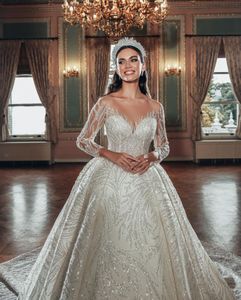 Luxury Ball Gown Wedding Dresses Long Sleeves Bridal Gowns Custom Made Sheer Neck Arabic Church Robe De Marriage