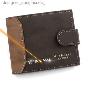 Money Clips New Short Men Wallets Slim Card Holder PU Leather Name Print Male Wallet Small Photo Holder Tri-fold Bag Frosted Men's PursesL231120