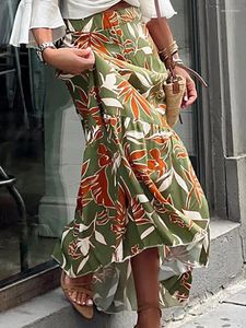 Etekler zarif kadınlar yeşil baskı elastik bel etek bahar yaz femme patchwork ince sokak kıyafetleri gündelik ayak bileği uzunluğu uzunluğunda