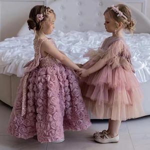 Flower Baby Girl Clothes Lace 3D Flowers Applique Puffy Tulle Gown Custom Made Girls Pageant Dress Kids Communion Birthday Gowns 403