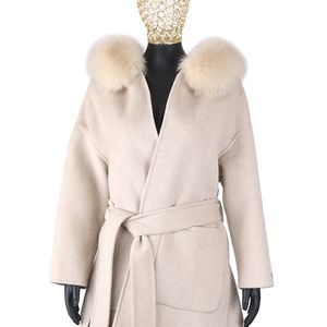 Parka da donna in piumino FURYOUME Cappotto in lana di cashmere Giacca con collo in vera pelliccia Inverno Lungo Moda Capispalla allentato Casaco per le donne con cintura 231118