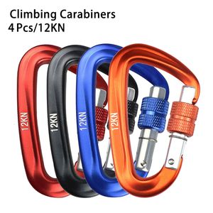 Cords Slings and Webbing 4Pcs Screw Lock D Shape Climbing Carabiner 12KN Multifunctional Fast Hanging Fixed Hook Outdoor EDC Buckles Dog Chain Keychain 230419