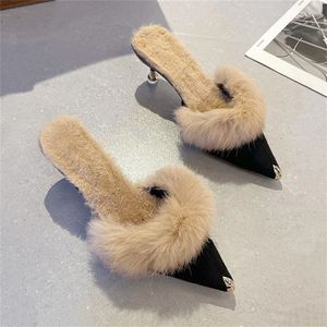 Dress Shoe High Heel 2023 Fur Slippers Mules Pointed Toe Furry Slides Fashion Elegant Luxury Designer Flip Flops Office Pumps 231120