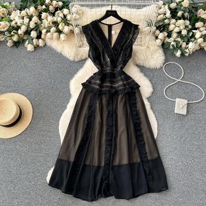 Casual Dresses French Chiffon Pressed Pleated Wood Ears Lace Crochet V-neck Elegant A-line Dress Women Fashion Party Clothes Vestidos L196