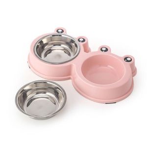 Dog Bowls & Feeders Cute Frog Shape Round Pet Bowls Dog Food Water Feeder Stainless Steel Drinking Dish Cat Puppy Feeding Accessories Dhxyn