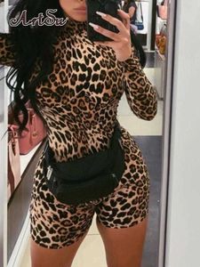 Kadın Tulumları Artsu Artsu Tiger Baskı Seksi Romper Şortlar Uzun Kollu Dantel Yukarı Fitness Active Giyim Yaz Kadınlar Elastik Playsuits Yeni Sonbahar P230419