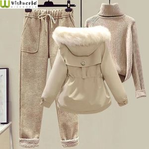 Women s Two Piece Pants Autumn and Winter 2023 Korean Version Students with Wool Collar Down Cotton Coat Woolen Casual Fashion Suit 231120