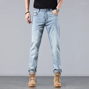 Men's Jeans Summer Thin For Men Clothing Lightblue Lyocell Retro Cargo Denim Pants Selvedge Washed Distressed Trousers Roll Up Casual