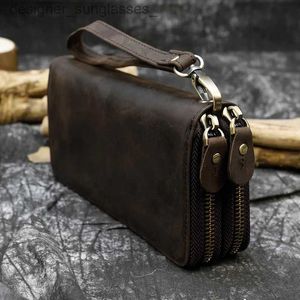 Money Clips Luufan Vintage Crazy Horse Leather Men Women Long Purse Wallet Credit Card Double Zip Wallets Long Wallet Male Clutch PurseL231120