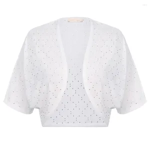 Jaquetas femininas BP Mulheres Camisola Cardigan Verão Curto Vintage Hollow-Out Bolero 1/2 Manga Aberta Frente Irregular Hem Shrug