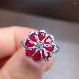 Rings de cluster genuíno 925 Silver Gemstone Engagement Natural Ruby Presentes românticos para meninas