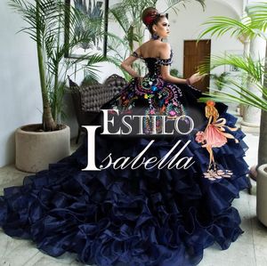 Marinblå av axel mexikanska quinceanera klänningar prinsessan oaxaca blommig broderi snörning vestido para debutante de 15 anos