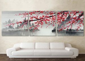 Laeacco 3 painéis estilo chinês pintura em tela moderna decoração para casa paisagem abstrata posters e impressões imagem de arte de parede de ameixa y8418601