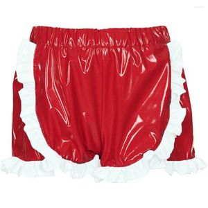 Women's Shorts Fashion Patchwork White Ruffles Unisex Glossy PVC Leather Sexy Elastic Waist High Short Pants Funny Street 7XL