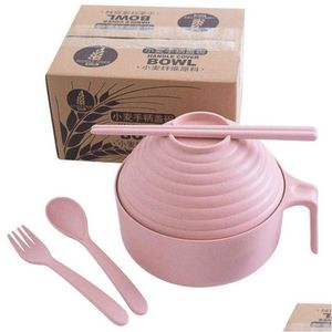 Dinnerware Sets Portable Reusable Household Dishware Sets Wheat St Kids Adt Spoon Fork Cup Salad Soup Bowl Plate Kitchen Tableware Set Dh3Yd