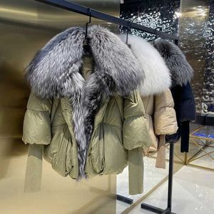 Winter Frauen Puffer Mantel Weiße Ente Unten Jacke Super Große Echt Silber Fuchs Pelz Kragen Mode Weibliche Parkas Oberbekleidung