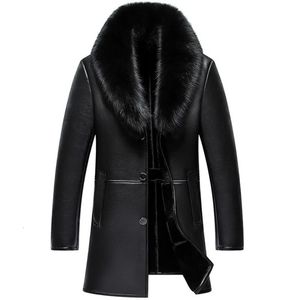 Men's Fur Faux Fur Russian Winter Fox Fur Collar Leather Jacket Men Business Casual Medium Long Windbreaker Coat Male Sheep Skin Jacket 5XL 231120