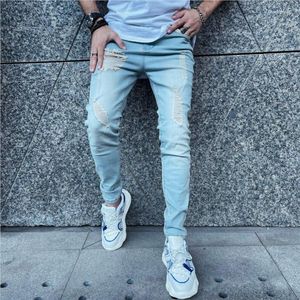 Jeans Masculino Clássico Calça Masculina Casual Rasgada High Street Azul Claro Skinny Stretch Calça Lápis Moda Regular Calças Denim