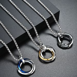 Stainless Steel Three Loop Necklace, Simple And Hypoallergenic, Titanium Steel Inlaid With Diamond Pendant, Suitable For Men's Daily Wear, Hip Hop Style