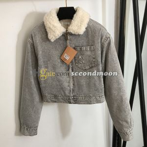 Women Warm Denim Jacket Windproof Wool Outerwear Lapel Neck Jean Jackets Letters Embroidered Coat